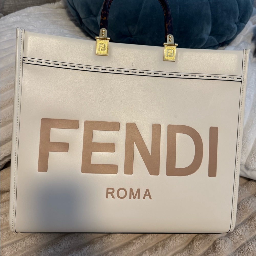 Fendi White Roma Shopper Tote with Gold Accents